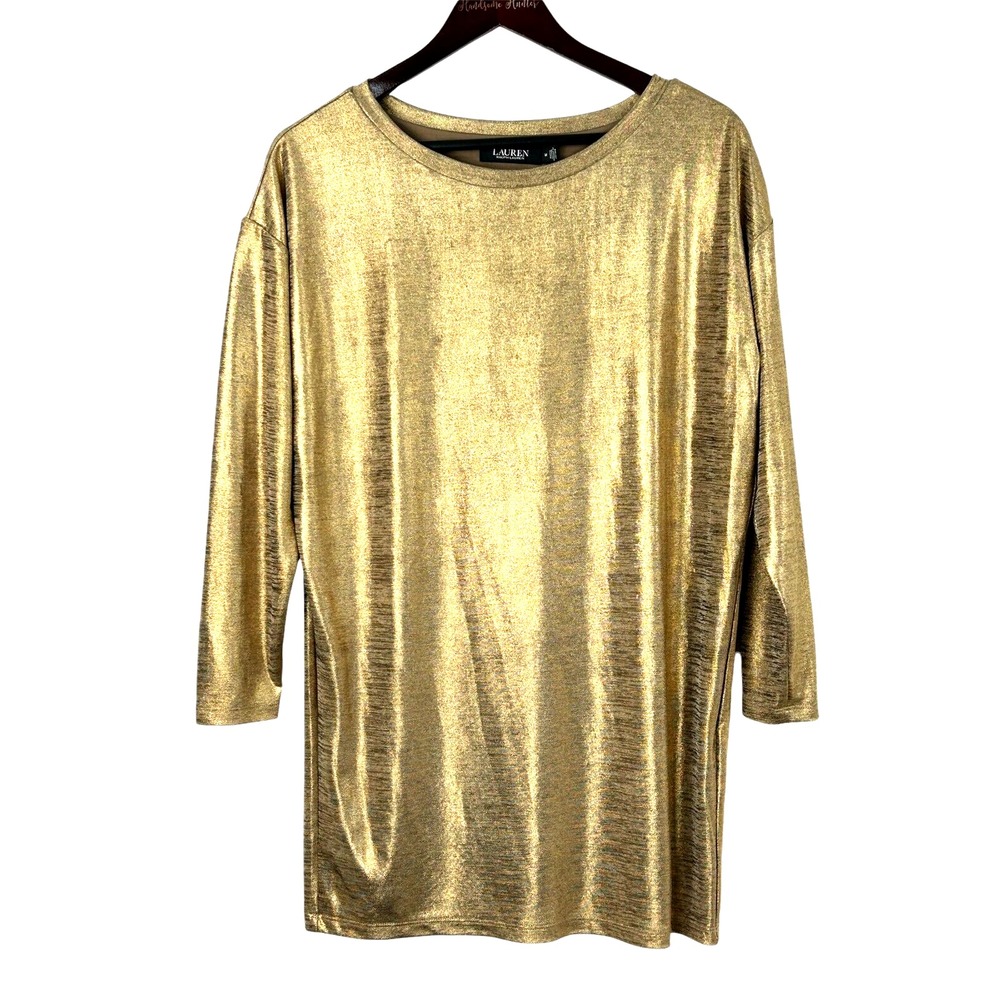 Lauren Ralph Lauren Sz M Dress New Print‎ Jersey Gold Foil Shift Black Label E2